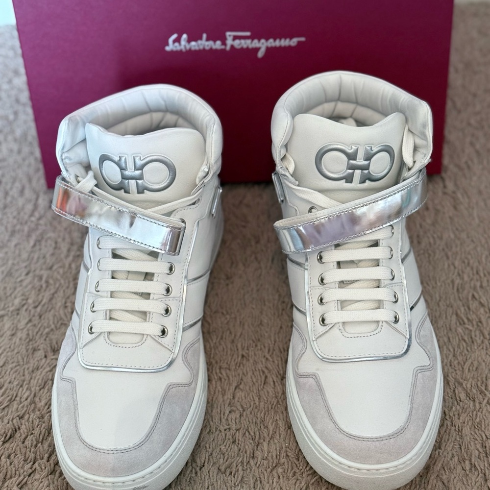 Salvatore Ferragamo “Neo” Parchment and Silver Sneakers - Men’s